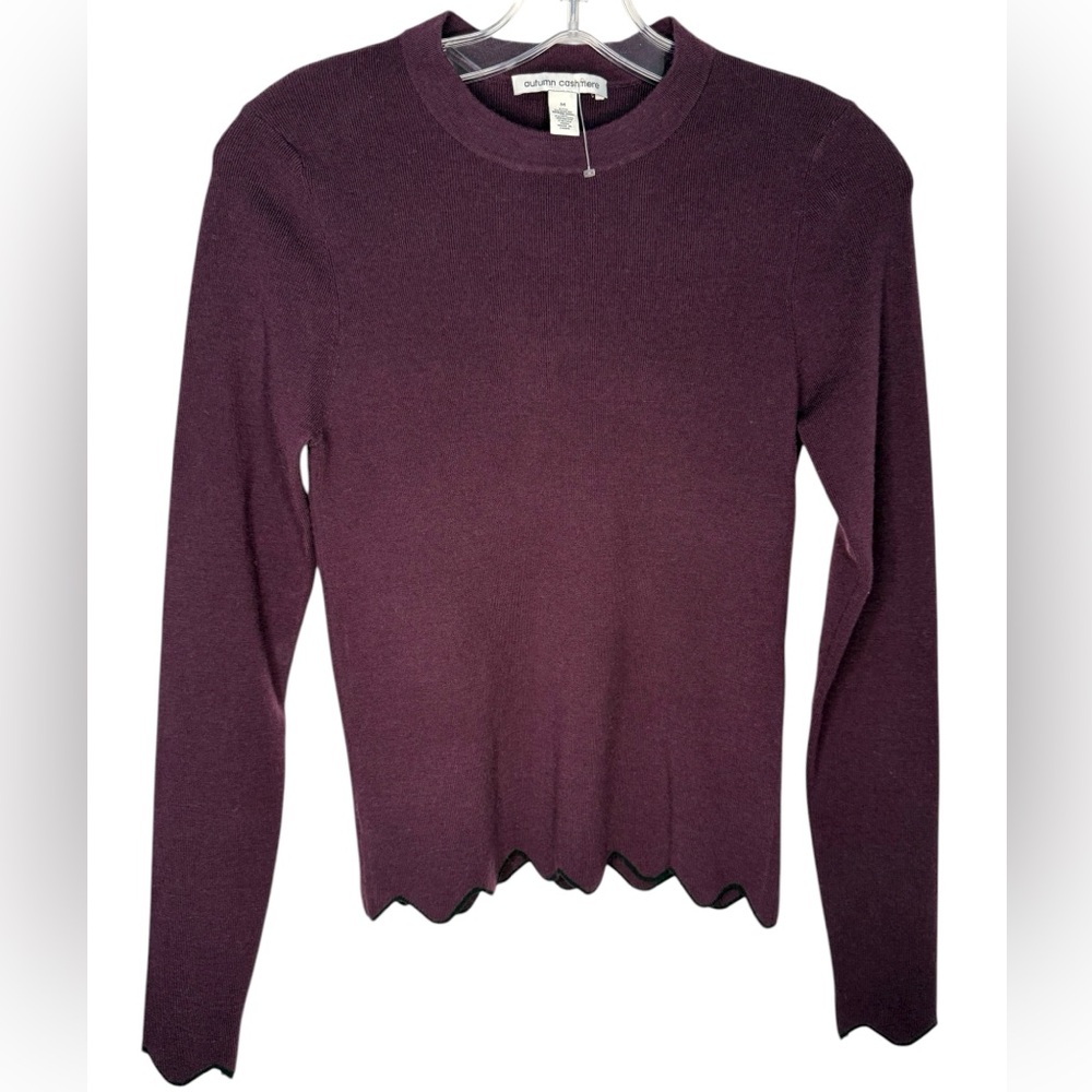 Autumn Cashmere Merino Wool Blend Scallop Hem Sweater Plum Purple Medium NWOT